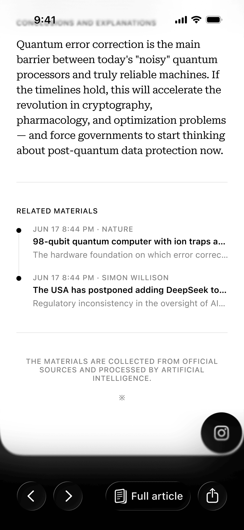 Nuus news app — article footer with AI-suggested related materials